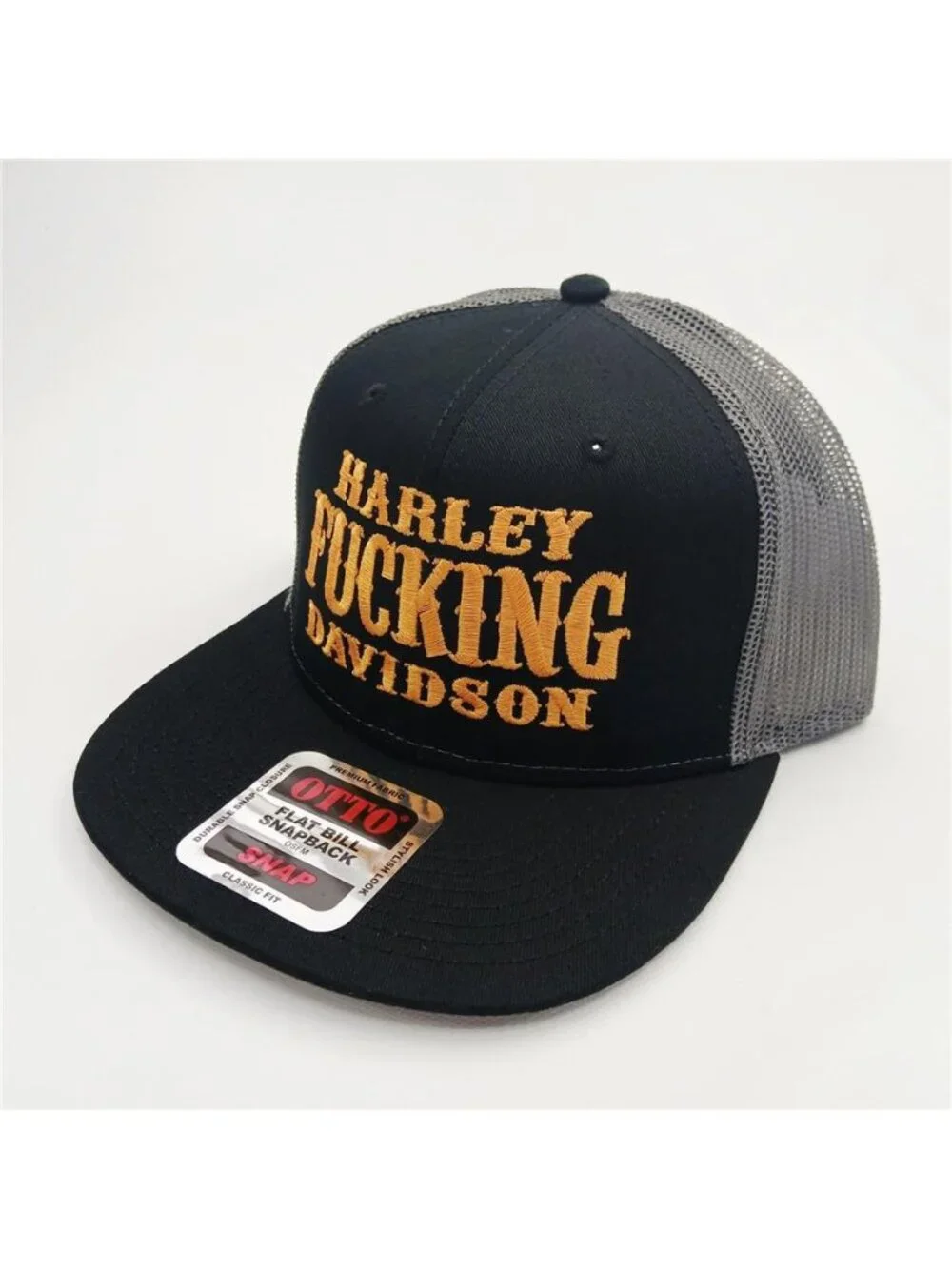 Retro Harley Fking Davidson Embroidered Trucker Hat Black Orange Otto Cap Biker